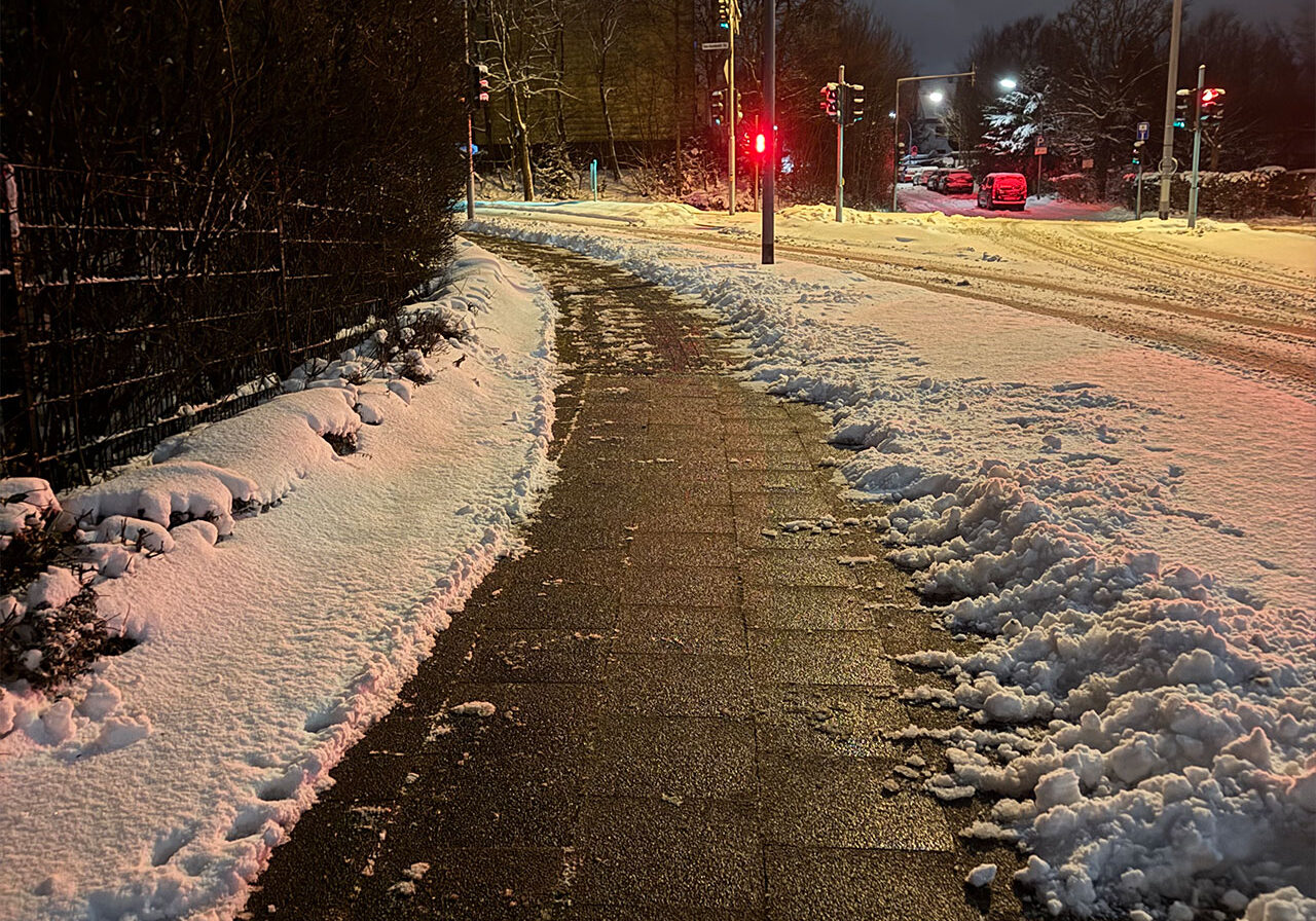 Sie sehen einen vom Schnee befreiten Bürgersteig.